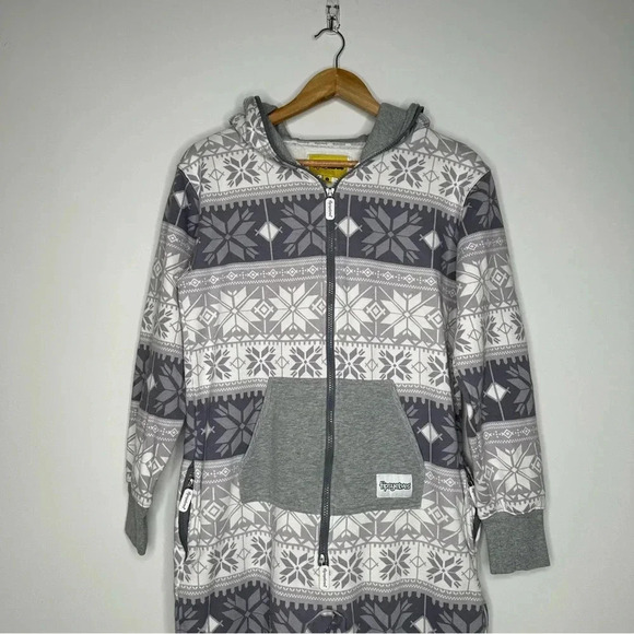 Tipsy Elves Gray Snowflake Hooded Onesie Jumpsuit Size Small - Picture 2 of 12